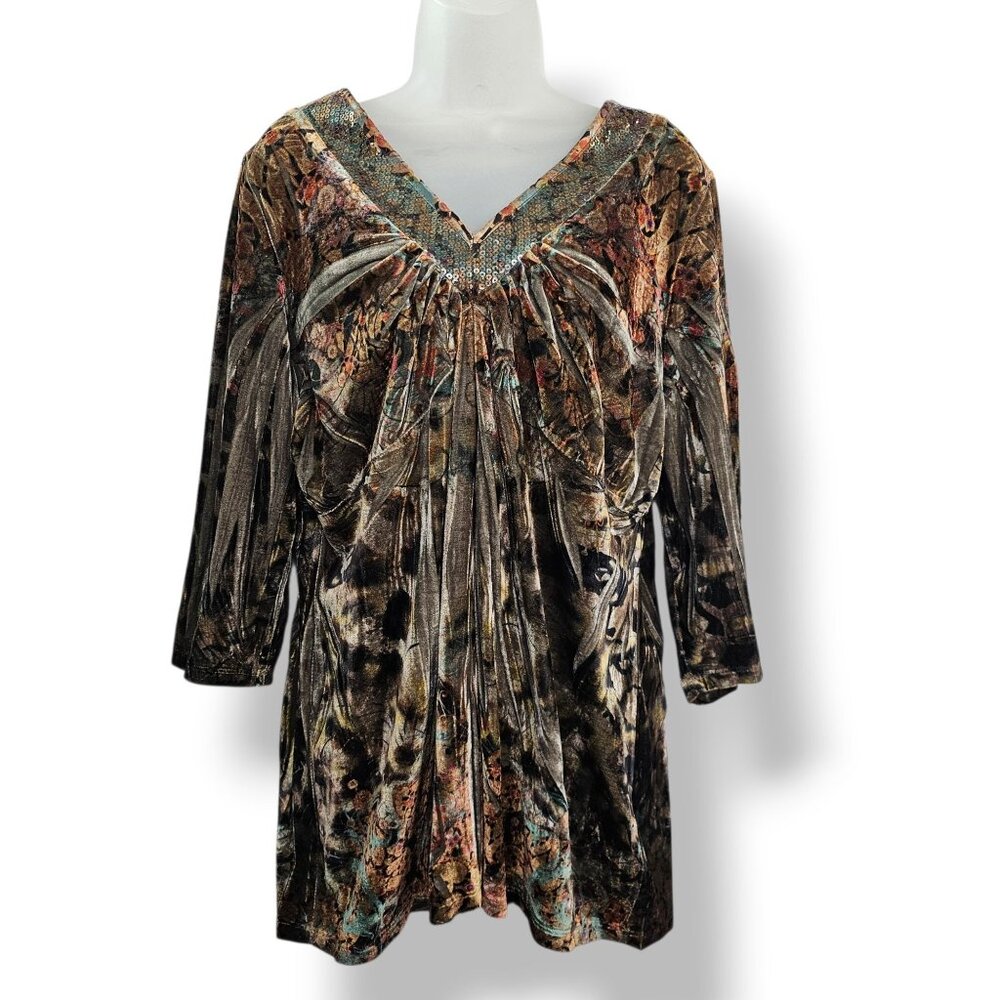 Y2K Velvet Babydoll Top 1X Tunic V-Neck Sequins Whimsy Boho Dark Fairy Grunge Hi